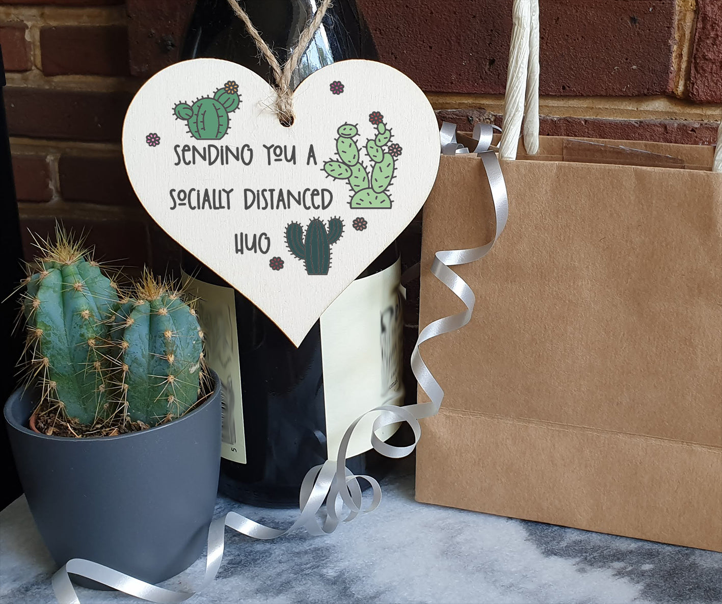 Handmade Wooden Hanging Heart Plaque Gift sending you a socially distanced hug miss you long distance novelty wall hanger cute fun cactus design for family friends grandparents