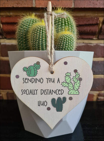 Handmade Wooden Hanging Heart Plaque Gift sending you a socially distanced hug miss you long distance novelty wall hanger cute fun cactus design for family friends grandparents