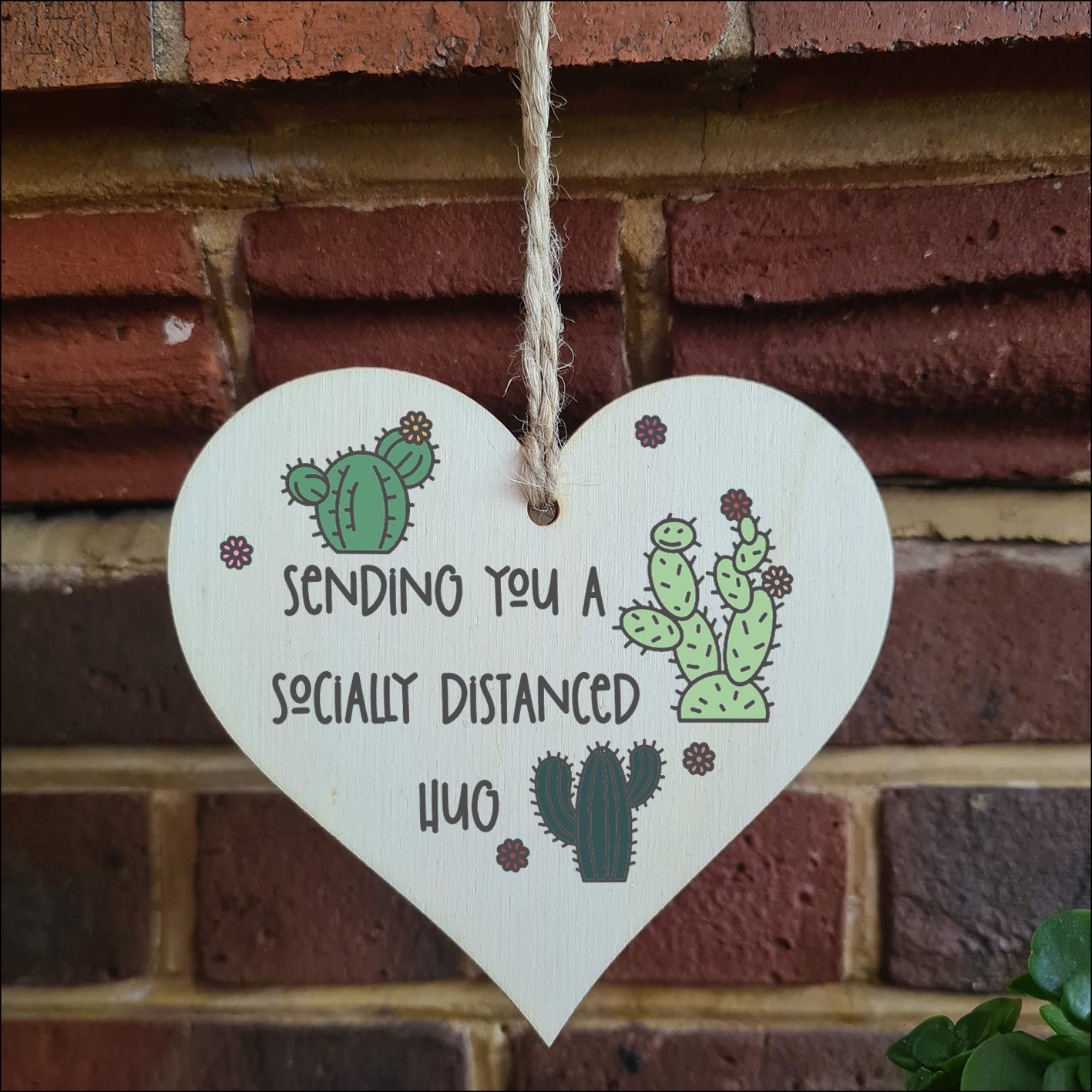 Handmade Wooden Hanging Heart Plaque Gift sending you a socially distanced hug miss you long distance novelty wall hanger cute fun cactus design for family friends grandparents