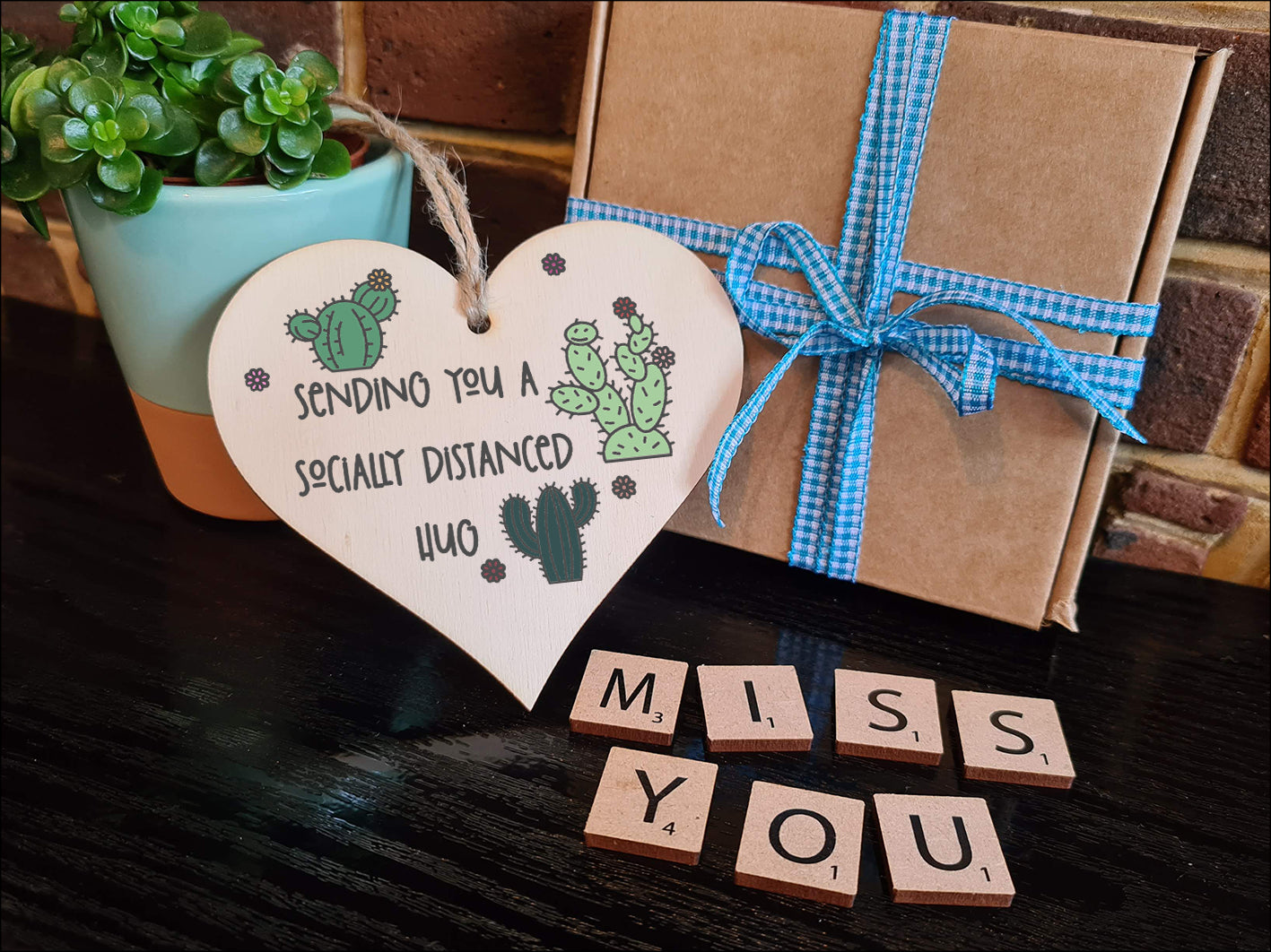 Handmade Wooden Hanging Heart Plaque Gift sending you a socially distanced hug miss you long distance novelty wall hanger cute fun cactus design for family friends grandparents