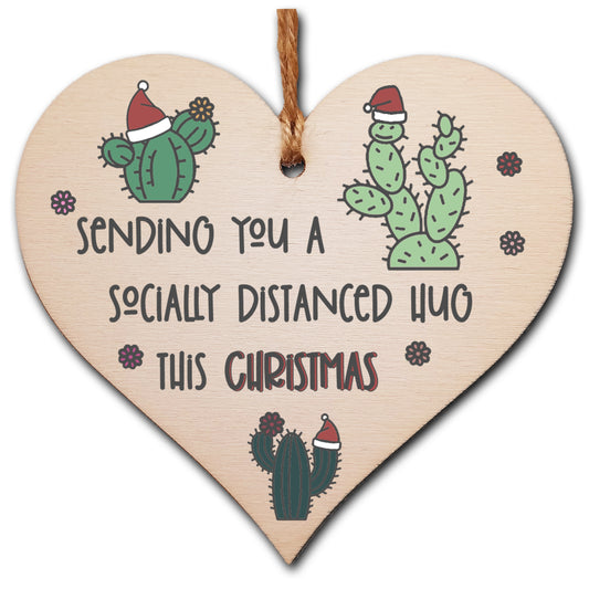 Handmade Wooden Hanging Heart Plaque Christmas Tree Bauble Socially Distance Hug Cactus Funny Card Alternative Long Distance Family Friends