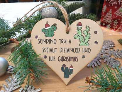 Handmade Wooden Hanging Heart Plaque Christmas Tree Bauble Socially Distance Hug Cactus Funny Card Alternative Long Distance Family Friends