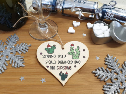 Handmade Wooden Hanging Heart Plaque Christmas Tree Bauble Socially Distance Hug Cactus Funny Card Alternative Long Distance Family Friends