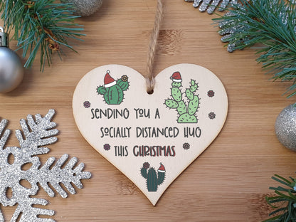 Handmade Wooden Hanging Heart Plaque Christmas Tree Bauble Socially Distance Hug Cactus Funny Card Alternative Long Distance Family Friends