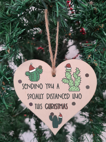 Handmade Wooden Hanging Heart Plaque Christmas Tree Bauble Socially Distance Hug Cactus Funny Card Alternative Long Distance Family Friends