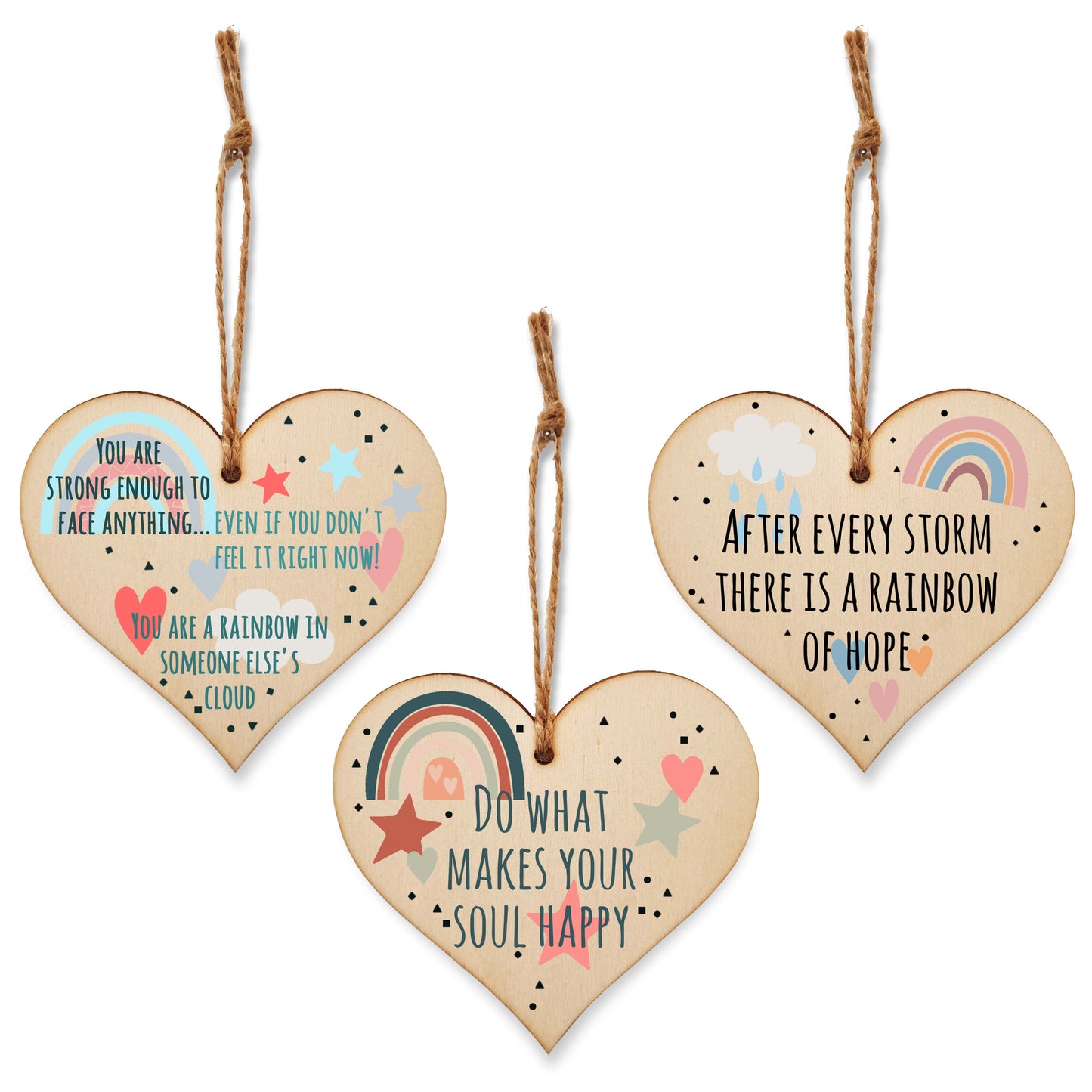 Set of 3 Hanging Decorations Wooden Hearts Inspirational Gift or Pick Me Up Vibes | Make Your Soul Happy | Storm Before a Rainbow