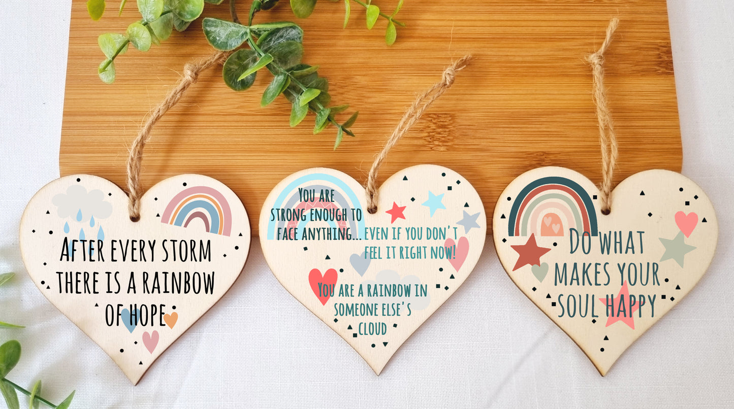 Set of 3 Hanging Decorations Wooden Hearts Inspirational Gift or Pick Me Up Vibes | Make Your Soul Happy | Storm Before a Rainbow