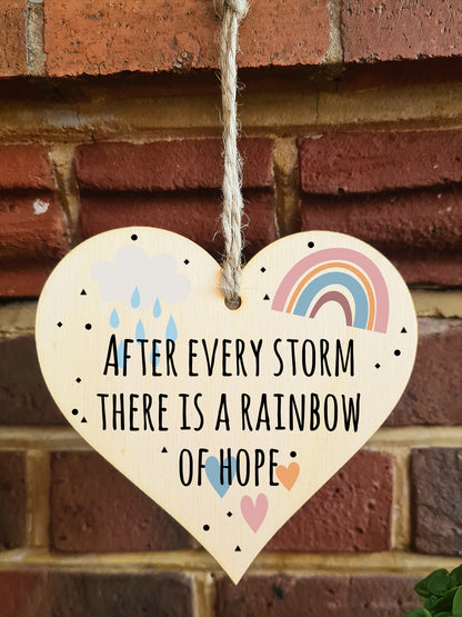 Handmade Wooden Hanging Heart Plaque Gift Storm Rainbow of Hope Inspirational Wall Hanger Card Alternative Friendship Family