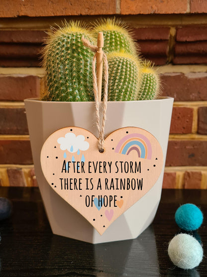 Handmade Wooden Hanging Heart Plaque Gift Storm Rainbow of Hope Inspirational Wall Hanger Card Alternative Friendship Family