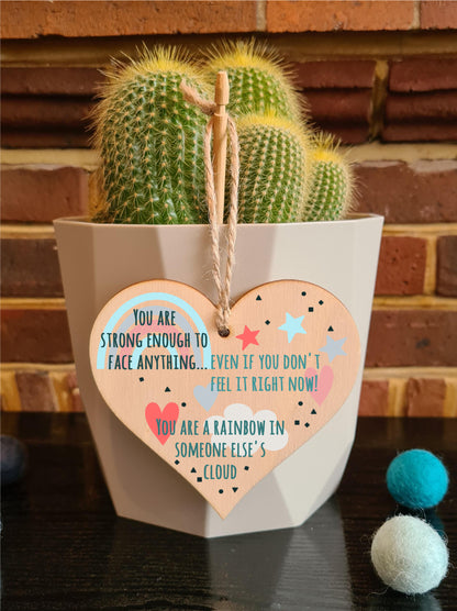 You Are Strong Enough to Face Anything Rainbow Inspirational Hanging Heart Wooden Decoration Gift Card Alternative