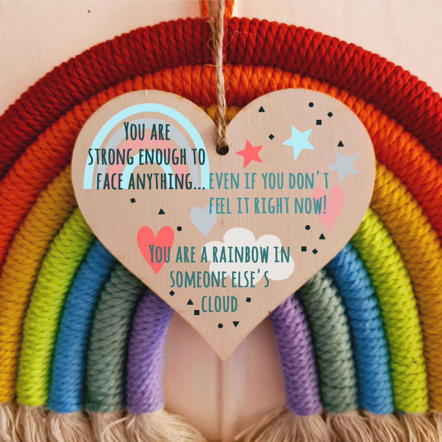 You Are Strong Enough to Face Anything Rainbow Inspirational Hanging Heart Wooden Decoration Gift Card Alternative