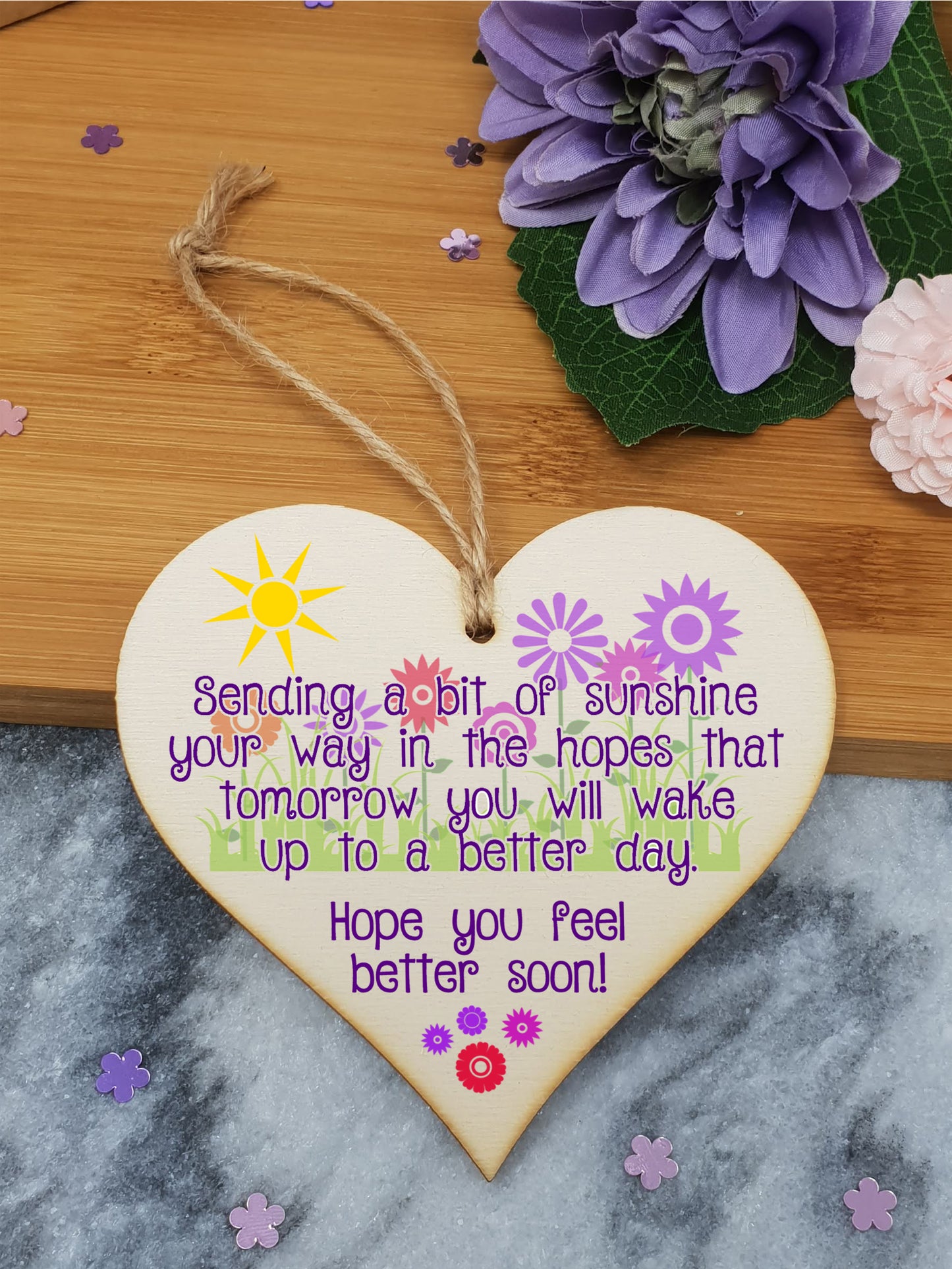 Handmade Wooden Hanging Heart Plaque Gift Get Well Soon Sympathy Keepsake Card Alternative