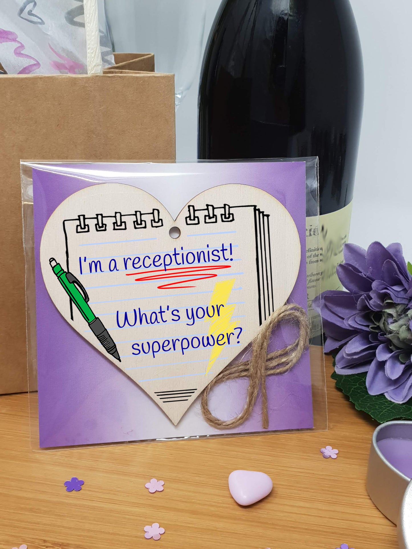 Handmade Wooden Hanging Heart Plaque Gift I'm a Receptionist What's Your Superpower Fun inspirational present card alternative desk decoration