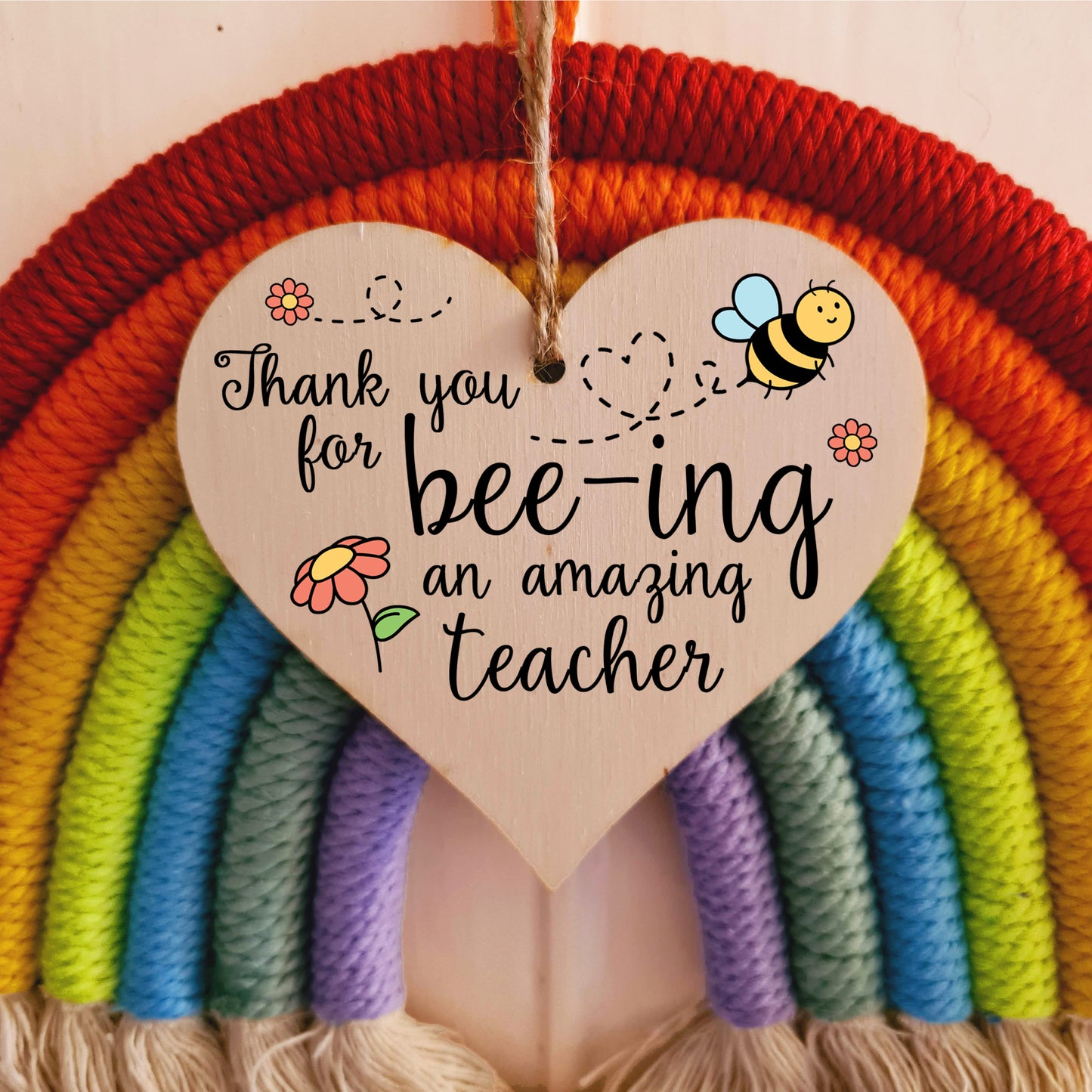 Thank You for Being Amazing Teacher Fun Bee Design Hanging Heart Wooden Decoration End of Term Gift Card Alternative