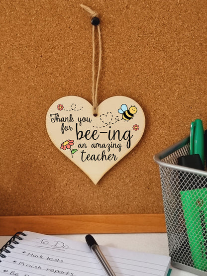 Thank You for Being Amazing Teacher Fun Bee Design Hanging Heart Wooden Decoration End of Term Gift Card Alternative