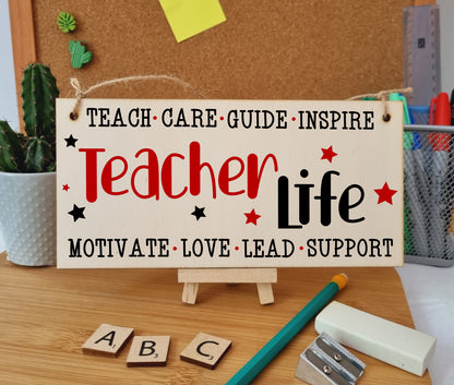 Teacher Life Love Support Guide Inspire Handmade Wooden Hanging Wall Plaque Gift Teacher Teaching Assistant End of Term