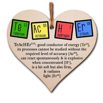 Handmade Wooden Hanging Heart Plaque Gift Teacher Present Fun Novelty Chemical elements Thank You from child card alternative