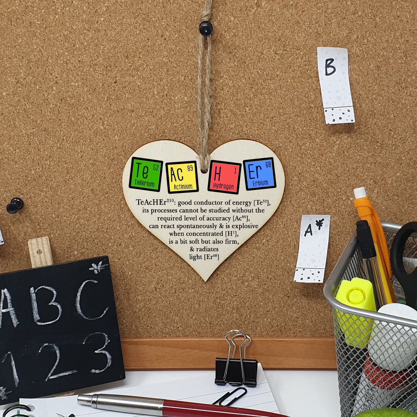 Handmade Wooden Hanging Heart Plaque Gift Teacher Present Fun Novelty Chemical elements Thank You from child card alternative