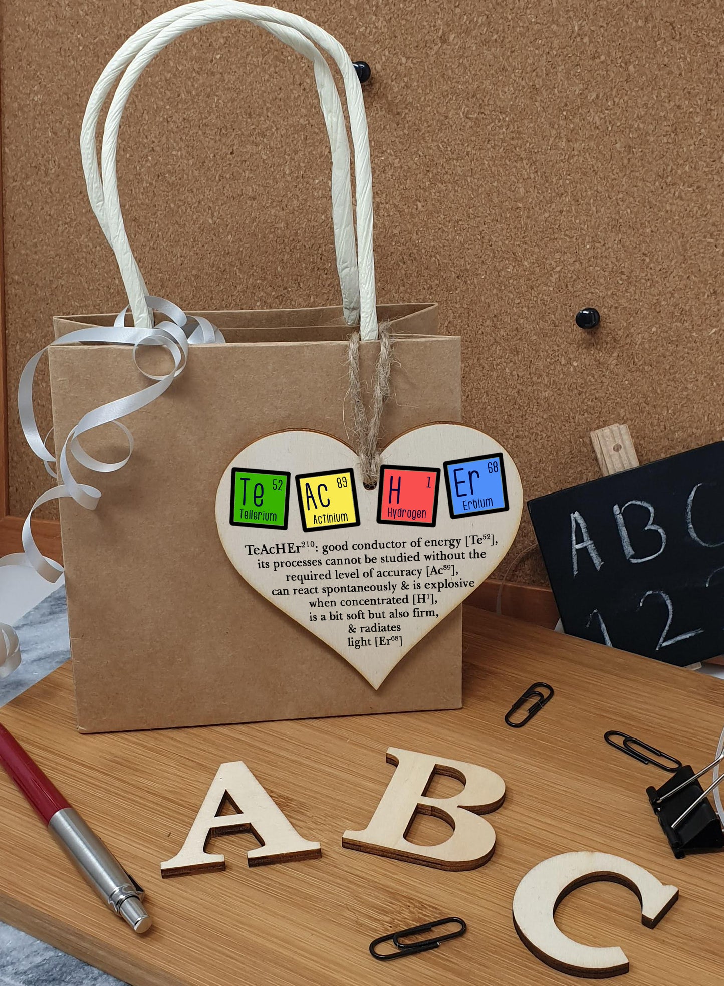 Handmade Wooden Hanging Heart Plaque Gift Teacher Present Fun Novelty Chemical elements Thank You from child card alternative