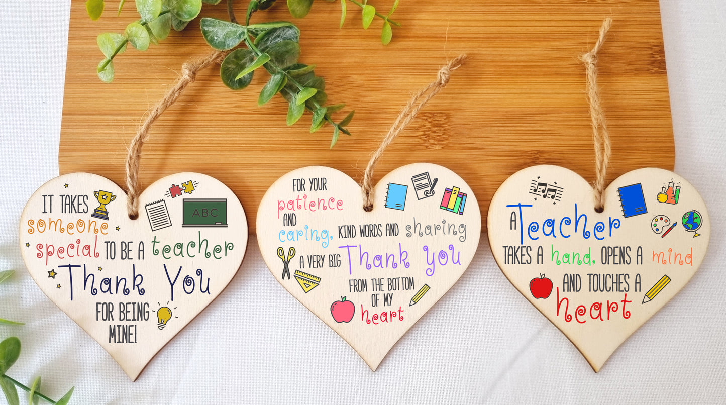 Set of 3 Hanging Decorations Wooden Hearts Teacher TA End of Term Gift | Someone Special Thank You | Takes a Hand Opens a Mind