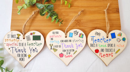 Set of 3 Hanging Decorations Wooden Hearts Teacher TA End of Term Gift | Someone Special Thank You | Takes a Hand Opens a Mind