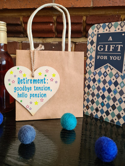 Handmade Wooden Hanging Heart Plaque Gift Goodbye Teansion Hello Pension Retirement Leaving Present Colleague Card Alternative