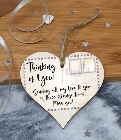 Handmade Wooden Hanging Heart Plaque Gift Thinking of you sending all my love sending well wishes to absent friends miss you keepsake long distance friendship postcard style