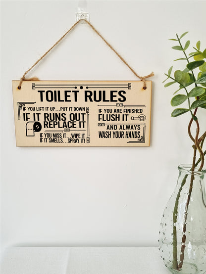 Toilet Rules Funny Novelty Handmade Wooden Hanging Wall Plaque Gift Bathroom Loo Sign Home Decoration