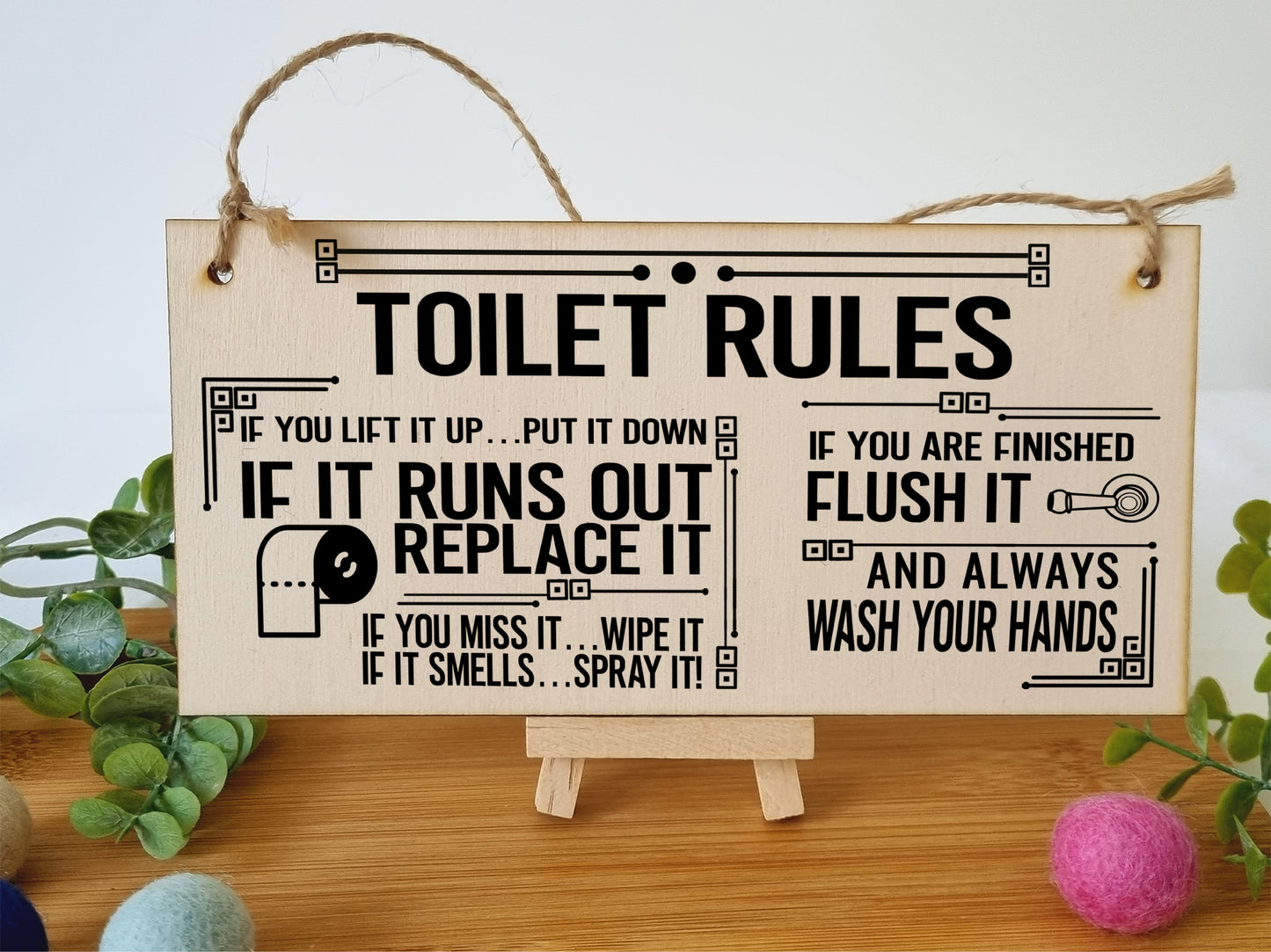 Toilet Rules Funny Novelty Handmade Wooden Hanging Wall Plaque Gift Bathroom Loo Sign Home Decoration