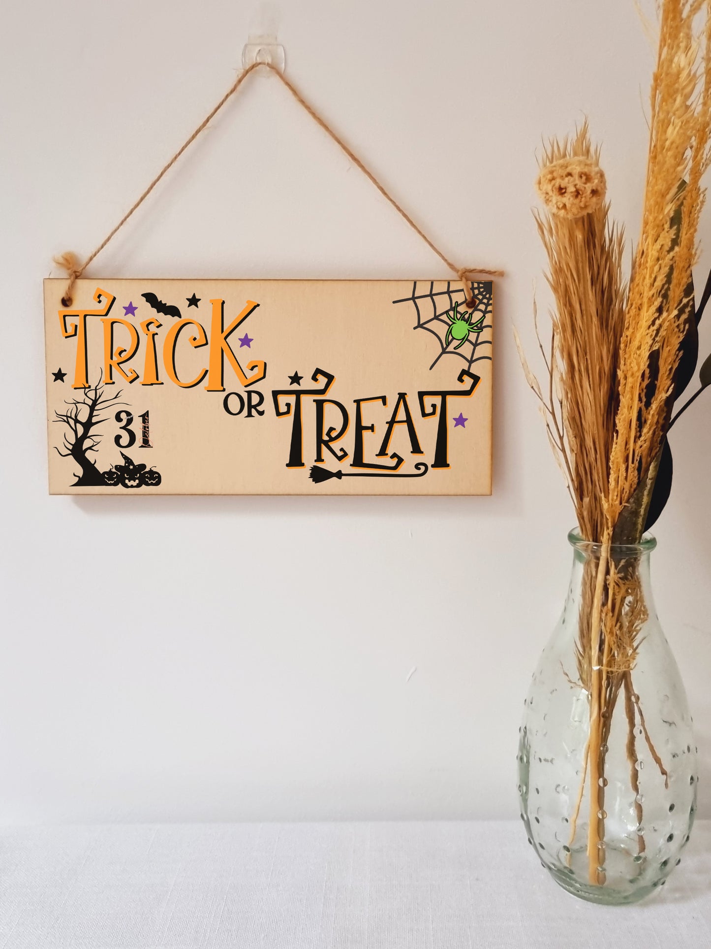 Trick or Treat Spooky Fun Decorative Halloween Sign Handmade Wooden Hanging Wall Plaque Gift Hallway Window Home Décor