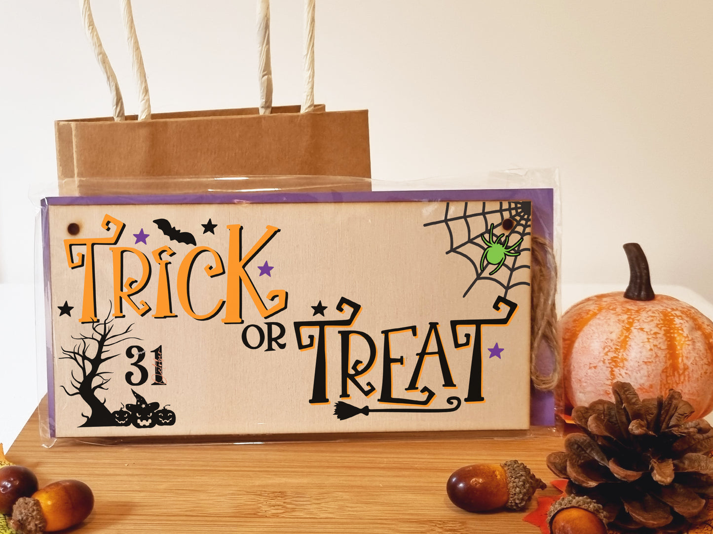 Trick or Treat Spooky Fun Decorative Halloween Sign Handmade Wooden Hanging Wall Plaque Gift Hallway Window Home Décor