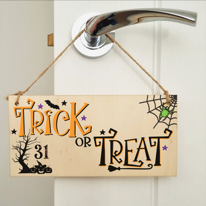 Trick or Treat Spooky Fun Decorative Halloween Sign Handmade Wooden Hanging Wall Plaque Gift Hallway Window Home Décor