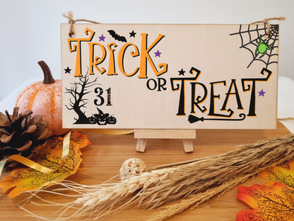 Trick or Treat Spooky Fun Decorative Halloween Sign Handmade Wooden Hanging Wall Plaque Gift Hallway Window Home Décor