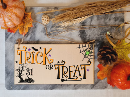 Trick or Treat Spooky Fun Decorative Halloween Sign Handmade Wooden Hanging Wall Plaque Gift Hallway Window Home Décor