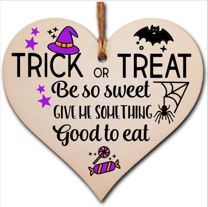 Trick or Treat Something Good To Eat Spooky Fun Halloween Hanging Heart Wooden Decoration Gift Card Alternative