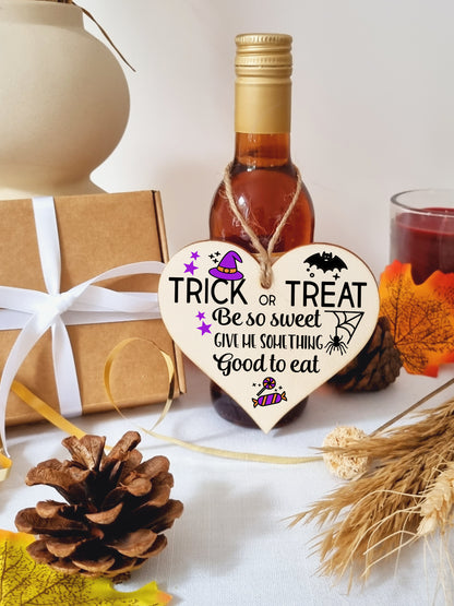 Trick or Treat Something Good To Eat Spooky Fun Halloween Hanging Heart Wooden Decoration Gift Card Alternative