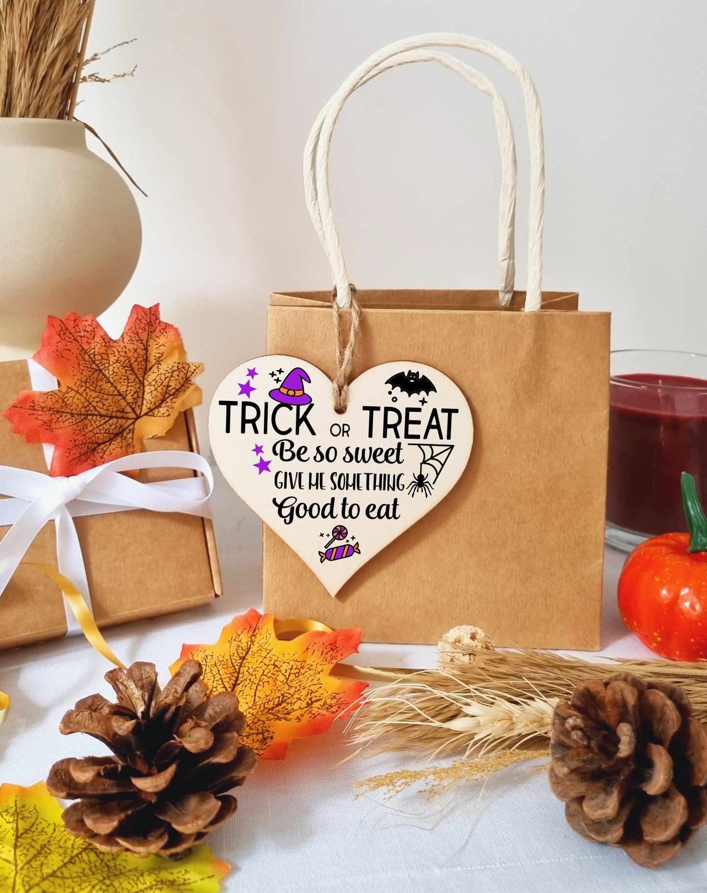 Trick or Treat Something Good To Eat Spooky Fun Halloween Hanging Heart Wooden Decoration Gift Card Alternative