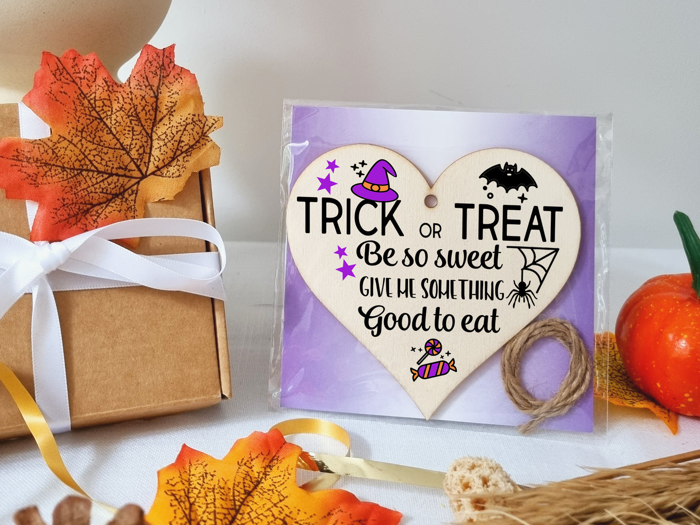 Trick or Treat Something Good To Eat Spooky Fun Halloween Hanging Heart Wooden Decoration Gift Card Alternative