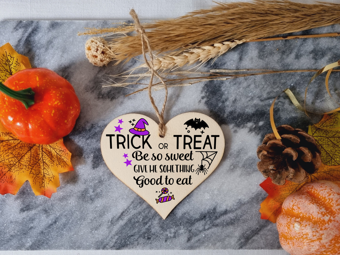 Trick or Treat Something Good To Eat Spooky Fun Halloween Hanging Heart Wooden Decoration Gift Card Alternative