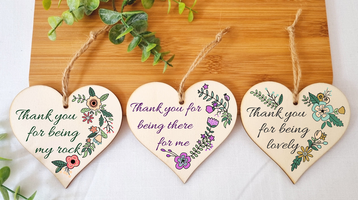 Set of 3 Hanging Decorations Wooden Hearts Thank You Gift Friend | For Being There For Me | For Being Lovely | For Being My Rock