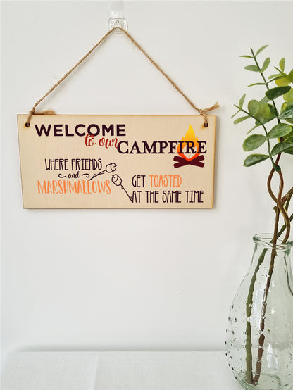 Handmade Wooden Hanging Wall Plaque Welcome to our Campfire Friends Roasted Funny Camping Tent Adventure Sign