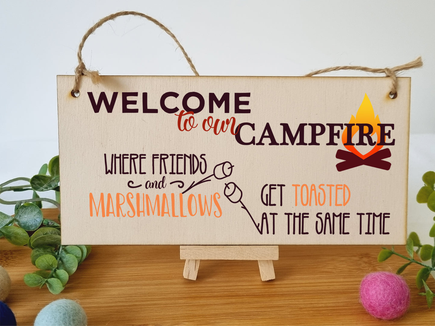 Handmade Wooden Hanging Wall Plaque Welcome to our Campfire Friends Roasted Funny Camping Tent Adventure Sign