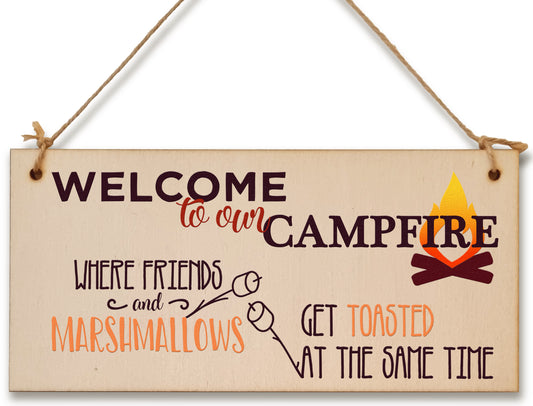 Handmade Wooden Hanging Wall Plaque Welcome to our Campfire Friends Roasted Funny Camping Tent Adventure Sign