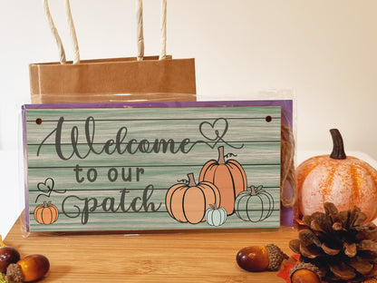 Welcome to our Patch Seasonal Rustic Decorative Pumpkin Sign Handmade Wooden Hanging Wall Plaque Gift Hallway Home Décor