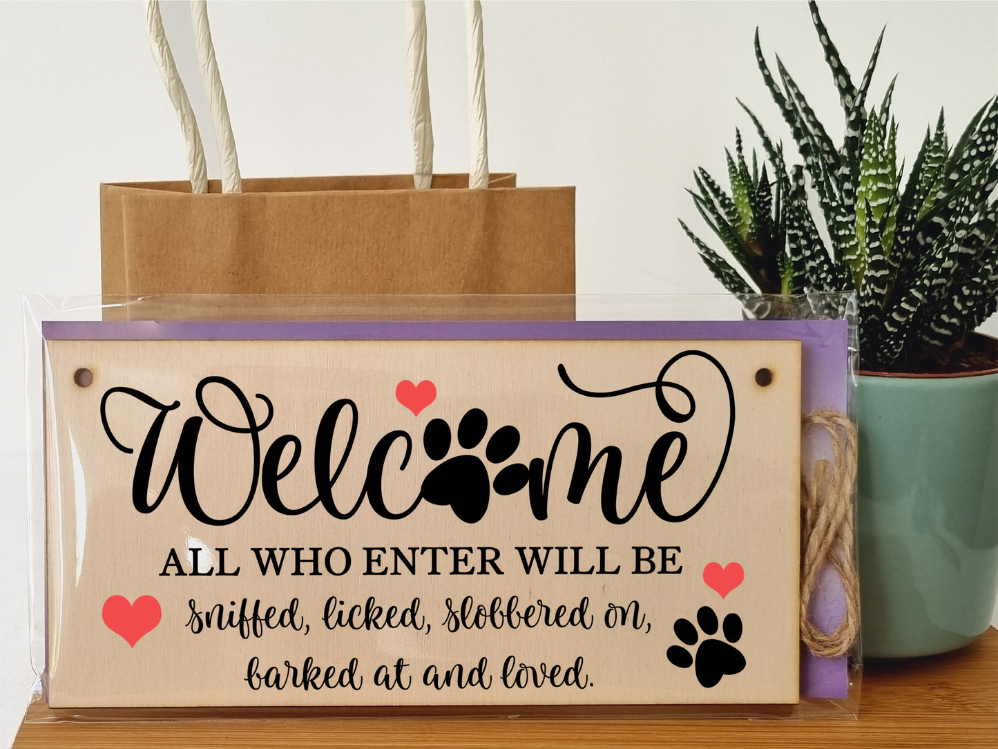 Welcome All Who Enter Sniffed Barked Licked Loved Funny Handmade Wooden Hanging Wall Plaque Pet Dog Lovers Gift