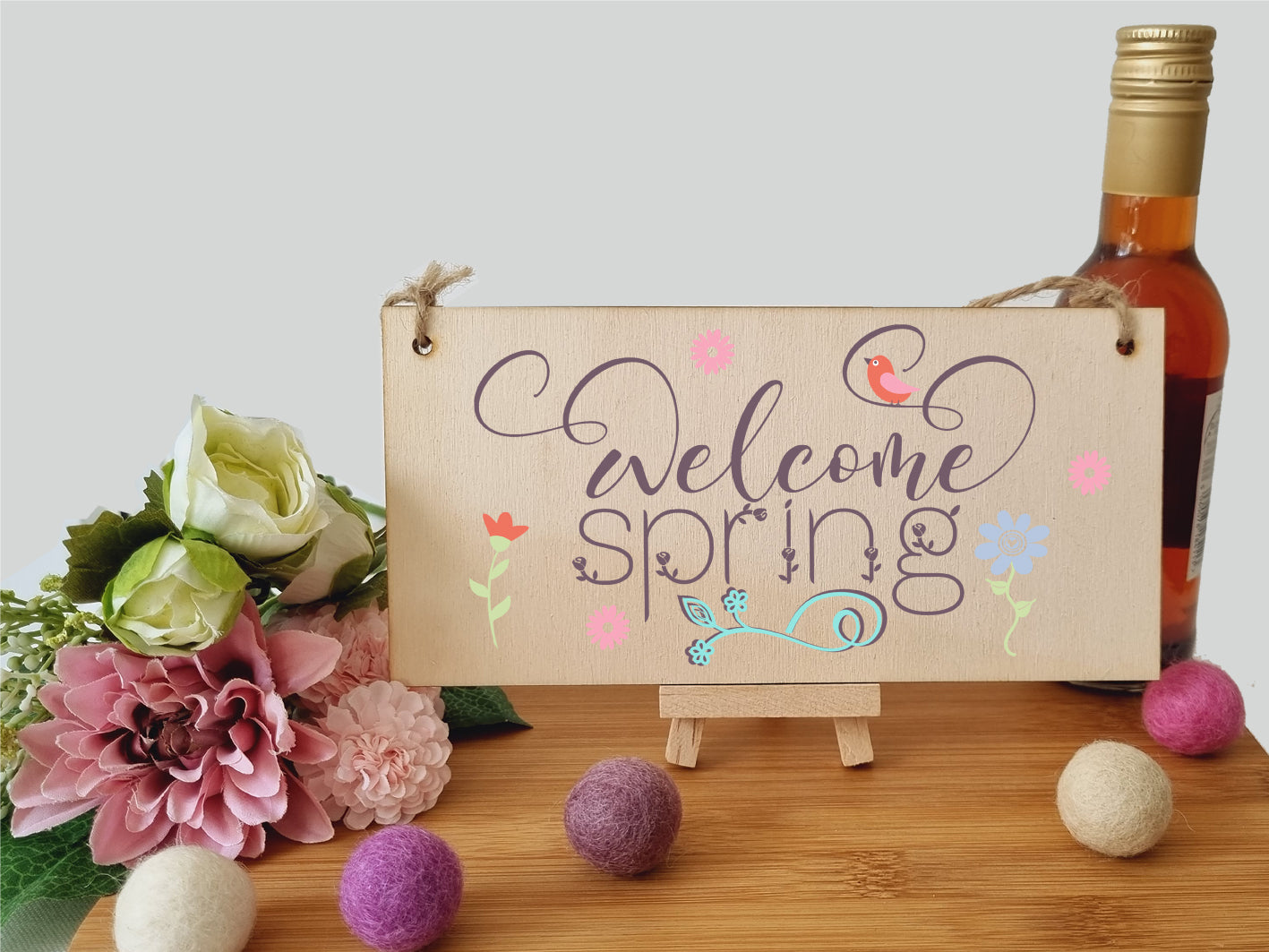 Handmade Wooden Hanging Wall Plaque Welcome Spring Cute Fun Easter Sign Springtime Garden Kitchen Decoration