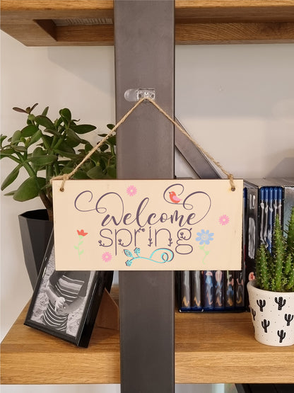 Handmade Wooden Hanging Wall Plaque Welcome Spring Cute Fun Easter Sign Springtime Garden Kitchen Decoration