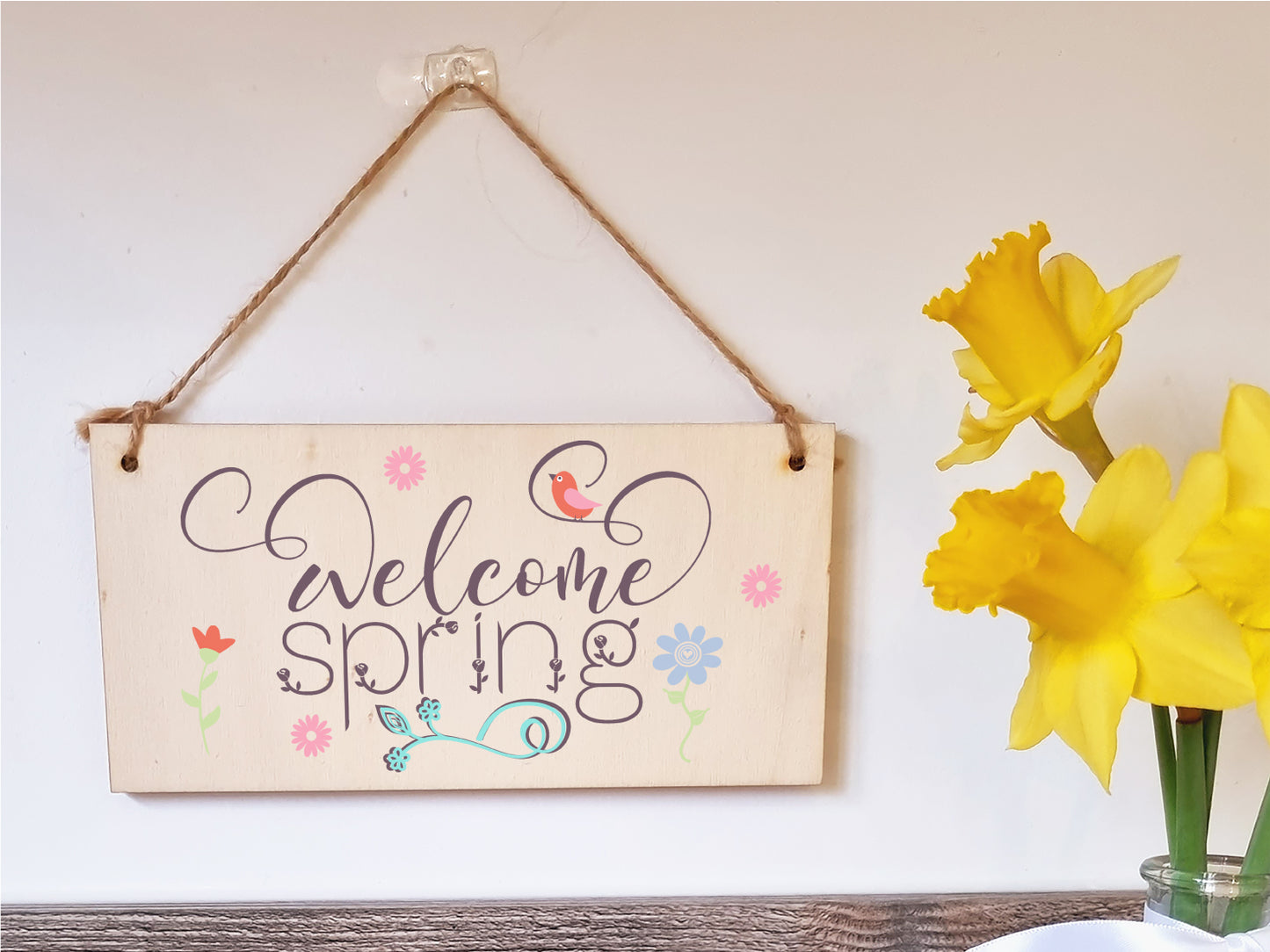 Handmade Wooden Hanging Wall Plaque Welcome Spring Cute Fun Easter Sign Springtime Garden Kitchen Decoration