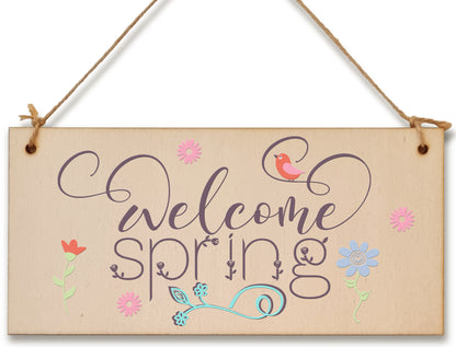 Handmade Wooden Hanging Wall Plaque Welcome Spring Cute Fun Easter Sign Springtime Garden Kitchen Decoration