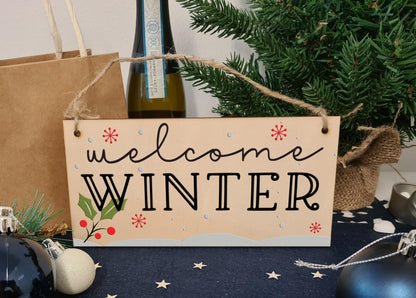 welcome winter Decorative Christmas Sign Seasonal Snowy Scene Handmade Wooden Hanging Wall Plaque Gift